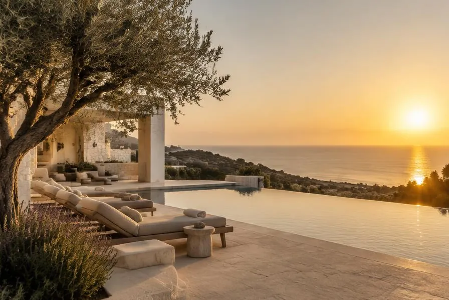 A whitewashed Algarve villa and infinity pool overlooking the Atlantic at sunset